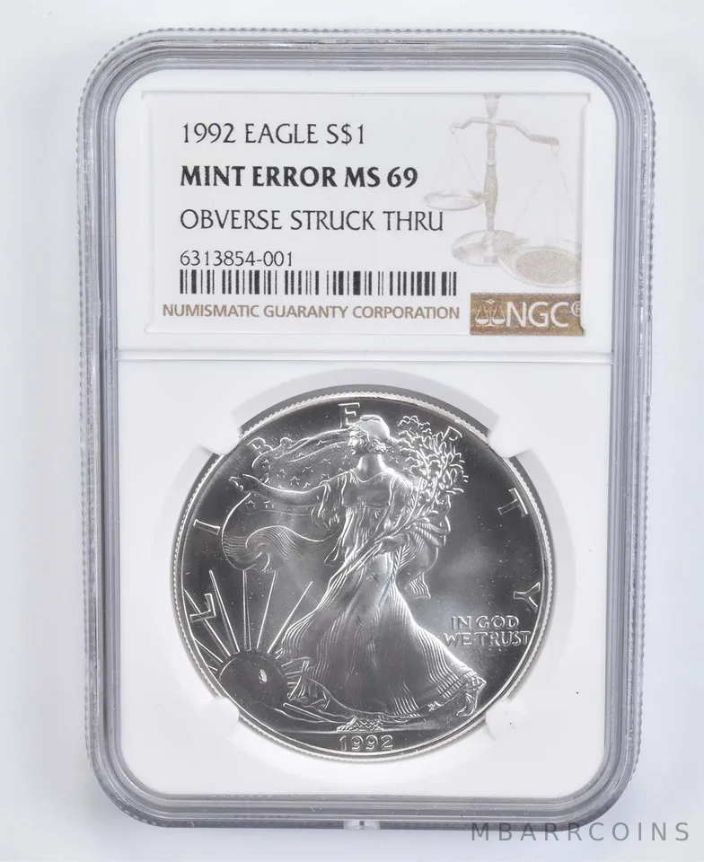 MS69 Mint Error 1992 American Silver Eagle - Obv Struck Thru - Graded NGC *8017