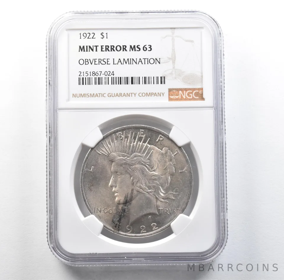 1922 Peace Silver Dollar Mint Error Obverse Lamination MS63 NGC *3146