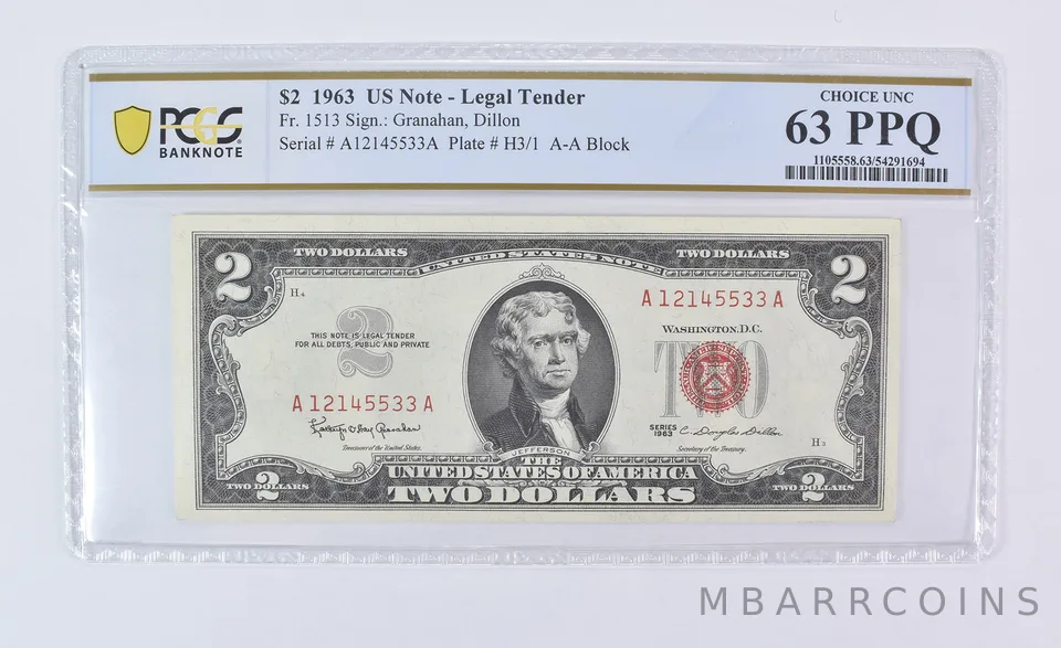 1963 $2 Legal Tender Fr#1513 Choice Unc 63 PPQ PCGS