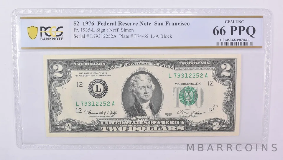 $2 1976 San Francisco CA FRN Fr#1935-L Gem Unc 66 PPQ PCGS