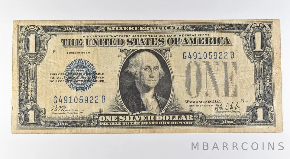 1928 B $1 Silver Certificate Blue Seal Short Snorter WWII *9655