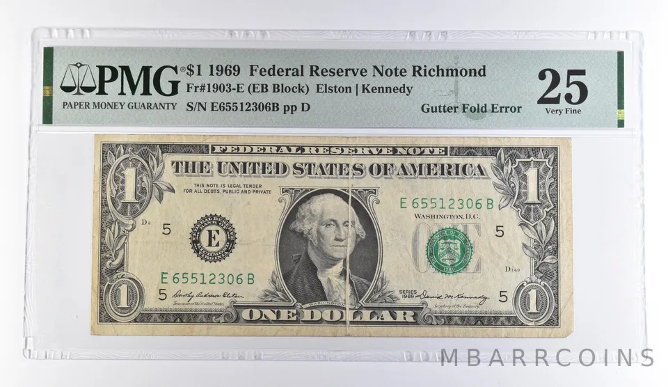 1969 $1 Richmond VA FRN Gutter Fold Error Fr#1903-E VF 25 PMG *9508