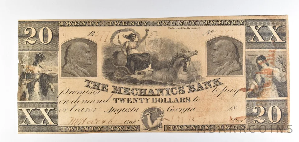 1858 $20 Augusta GA Mechanics Bank Obsolete Note *8790