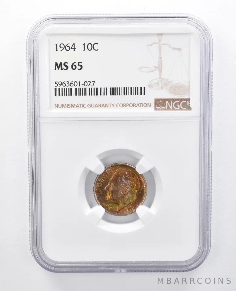 1964 Roosevelt Dime MS65 NGC Rainbow Tone *7981