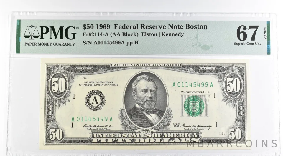 1969 $50 Boston MA US FRN Fr#2114-A 67 Superb Gem Unc EPQ PMG *8495