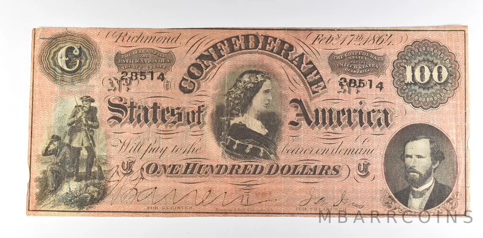 1864 $100 Confederate States Of America T-65 Large Note *8601