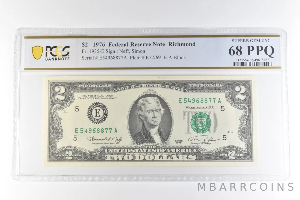 1976 $2 Richmond VA FRN Fr#1935-E Superb Gem Unc 68 PPQ PCGS *0652