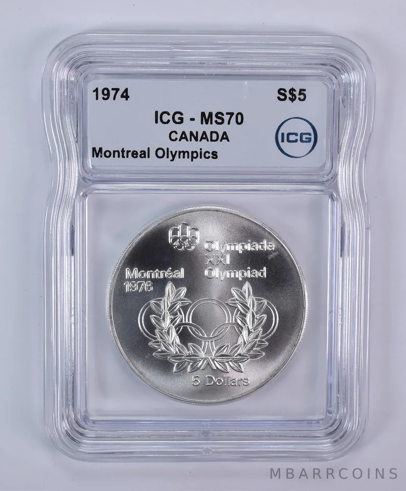 1974 Canada 5 Dollars Silver Montreal Olympics Rings MS70 ICG