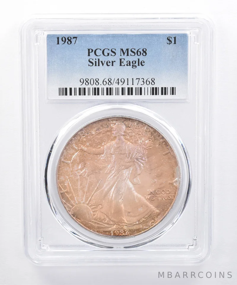 1987 American Silver Eagle MS68 PCGS Purple/Orange Tone *8493