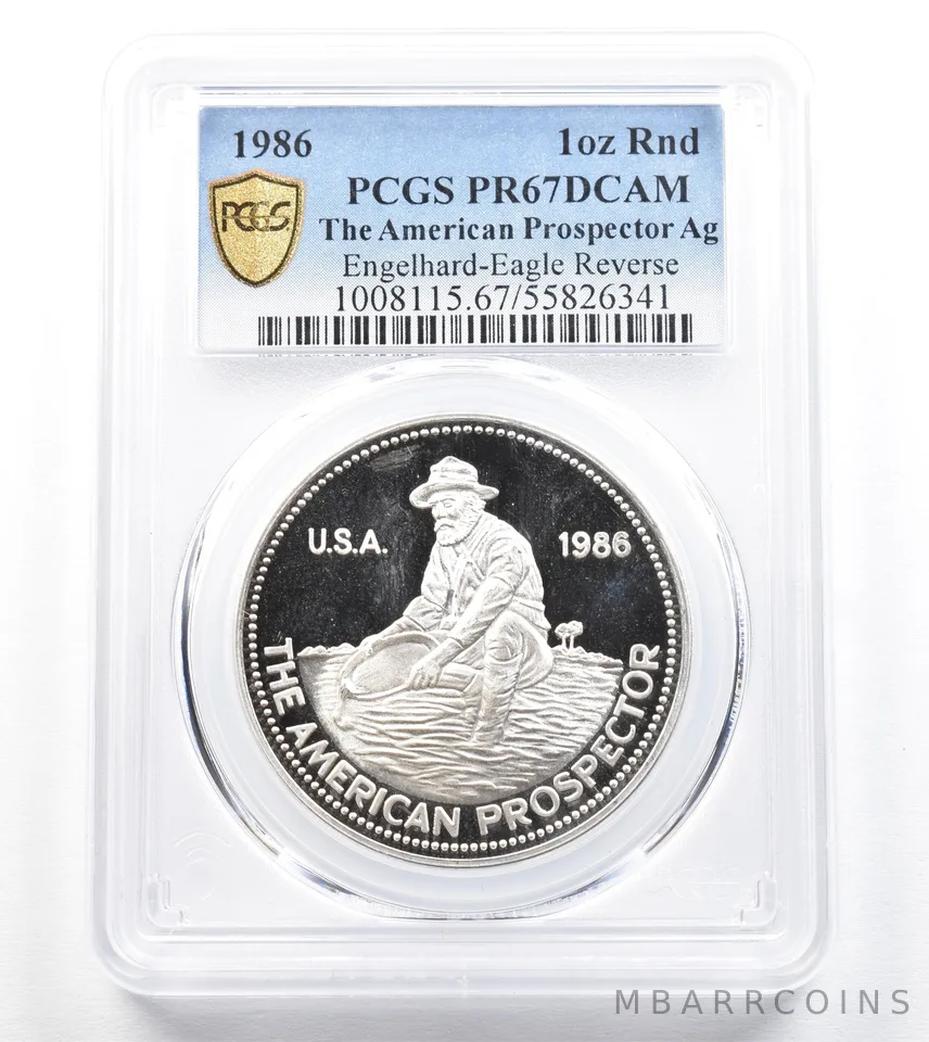 1986 1 Oz Silver Engelhard Prospector Round Eagle Reverse PR67 PCGS *0745