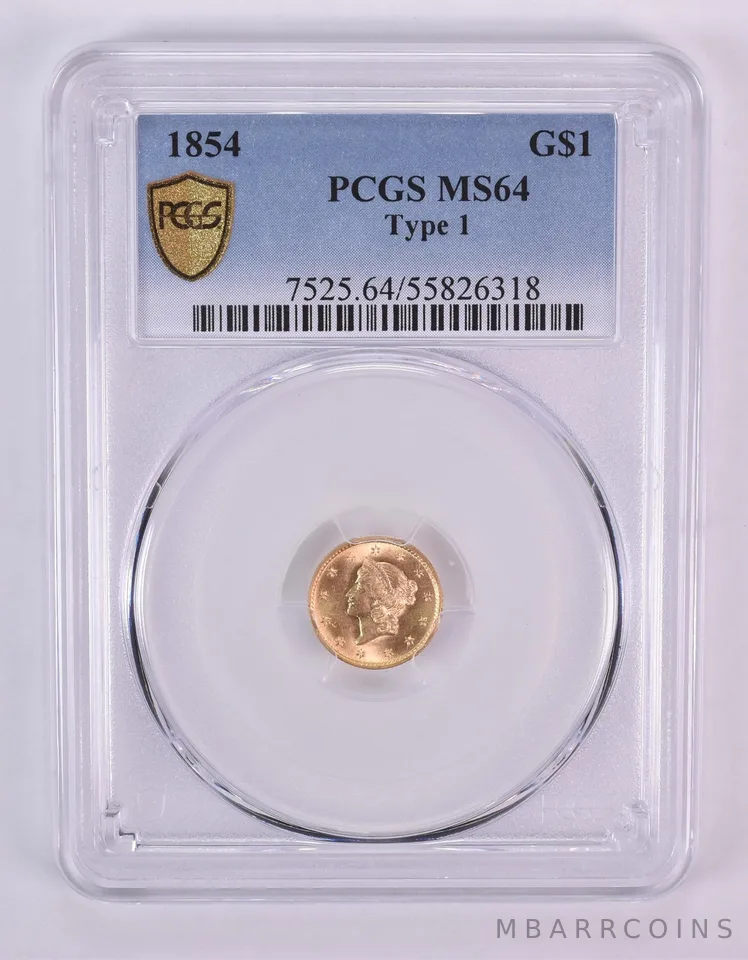 1854 $1 Liberty Head Gold Dollar Type 1 MS64 PCGS *1022