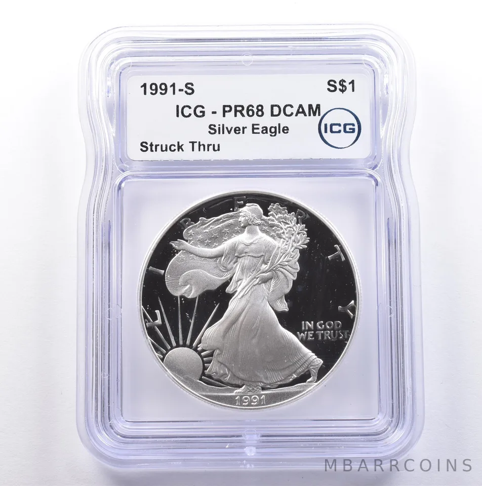 1991-S American Silver Eagle Mint Error Struck Thru PR68 DCAM ICG *9082