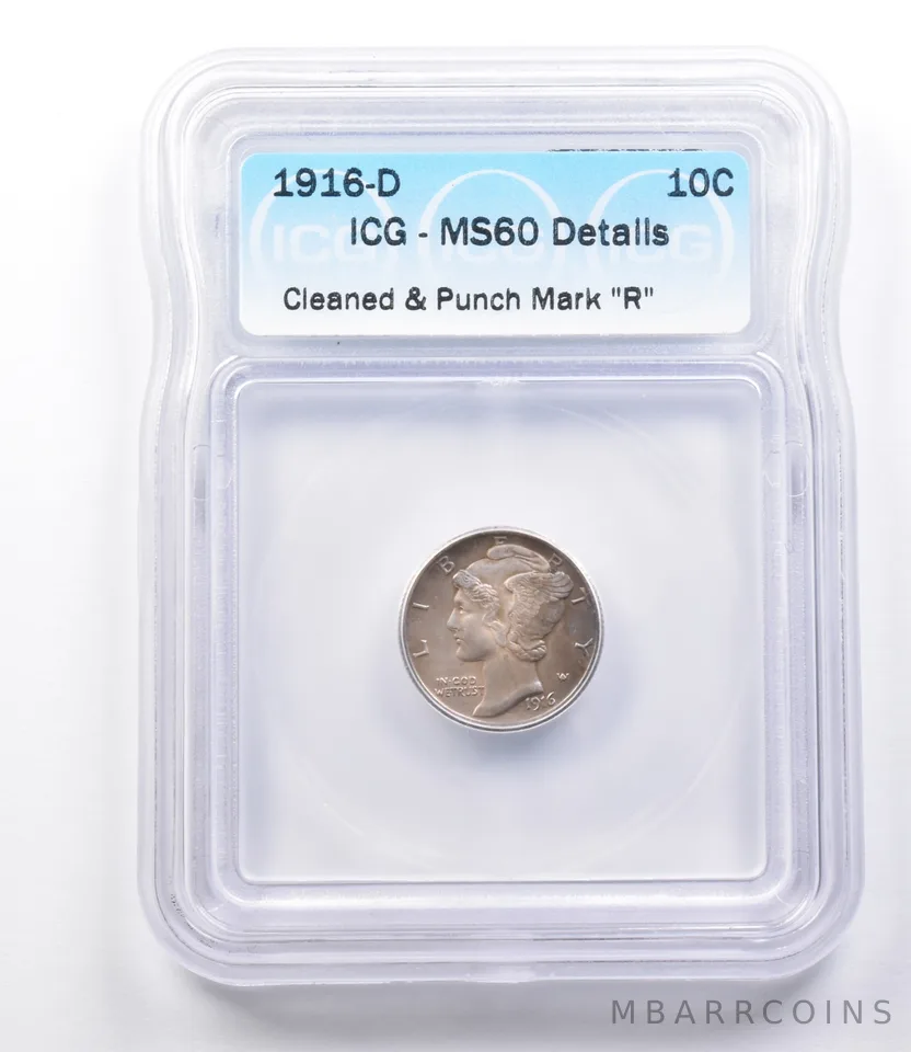 MS60 Details 1916-D Mercury Dime ICG a1932