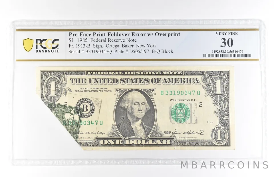1985 $1 30 NY FRN Pre-Face Print Foldover Error Overprint Fr#1913-B PCGS *5822