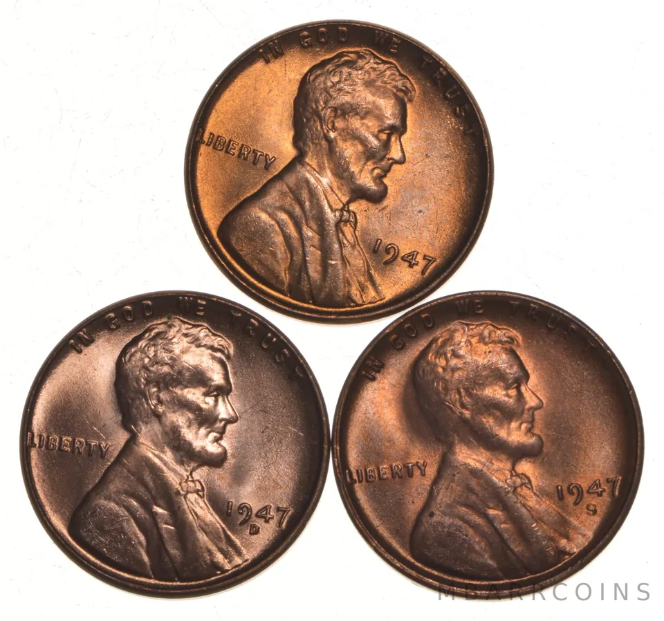 Choice Unc 1947 P+D+S Lincoln Wheat Cent Gem BU Collection Lot Set