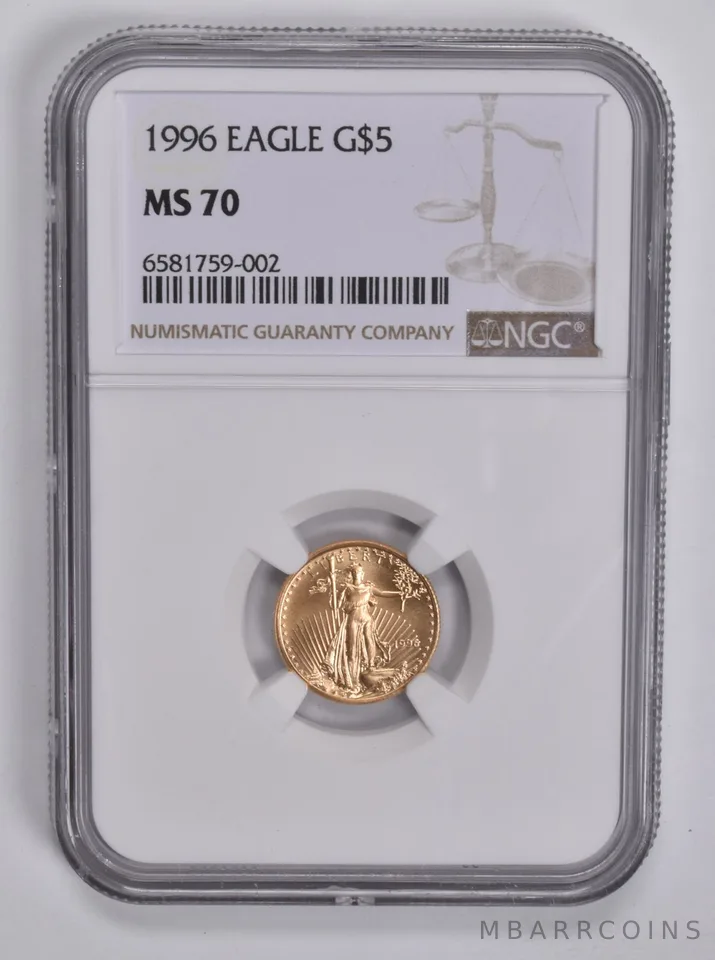 1996 $5 American Gold Eagle 1/10 Oz MS70 NGC Brown Label