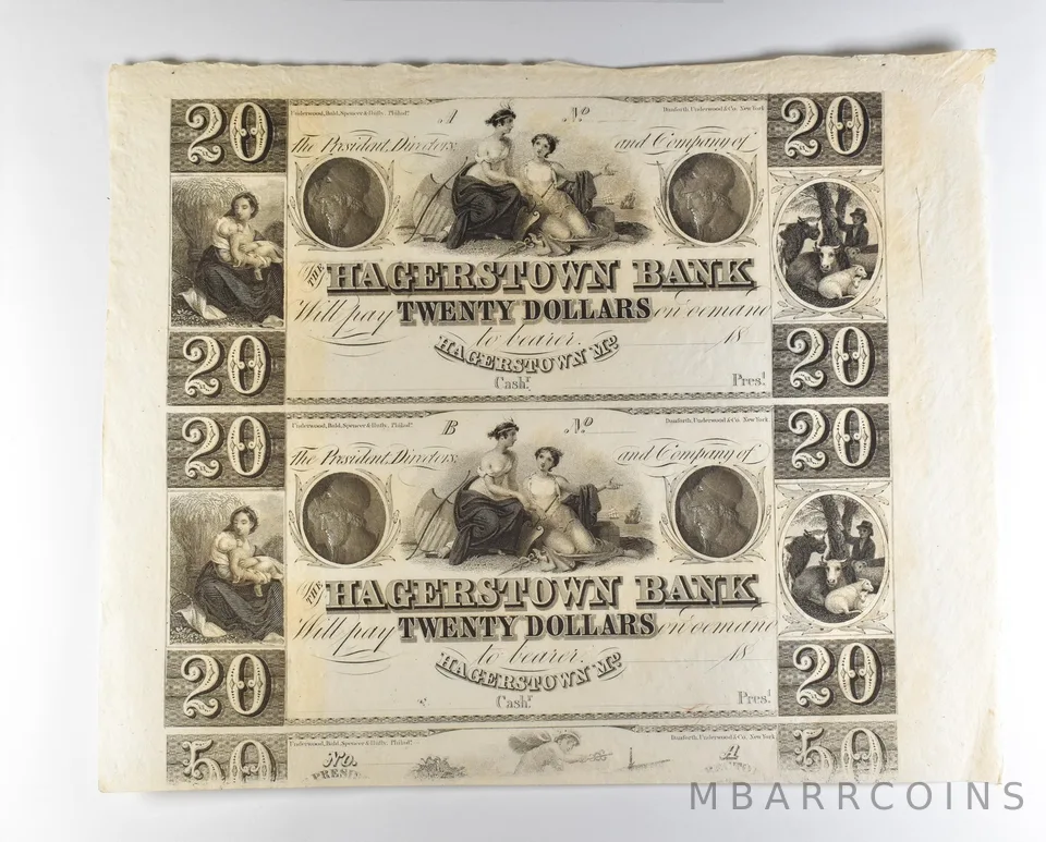 Lot (2) 1800s $20 Hagerstown MD Bank Obsolete Note Uncut *8696