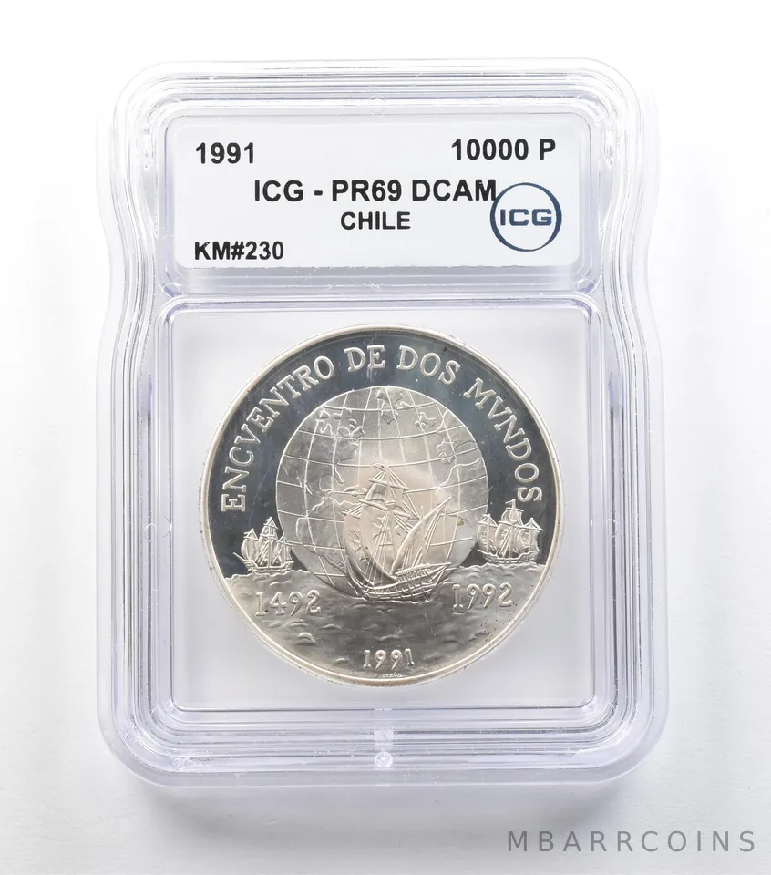 1991 Chile 10,000 Pesos Silver KM#230 PR69 DCAM ICG *7916