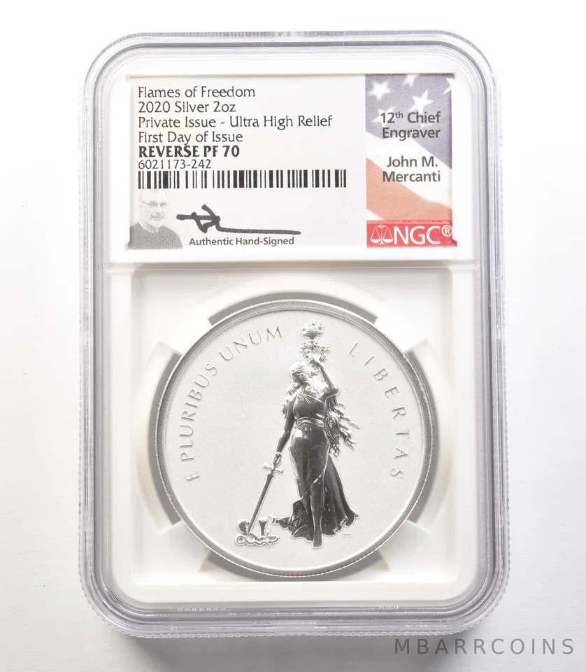 2020 2 Oz Silver Flames Of Freedom Mercanti Everhart FDOI Reverse PF70 NGC a4121