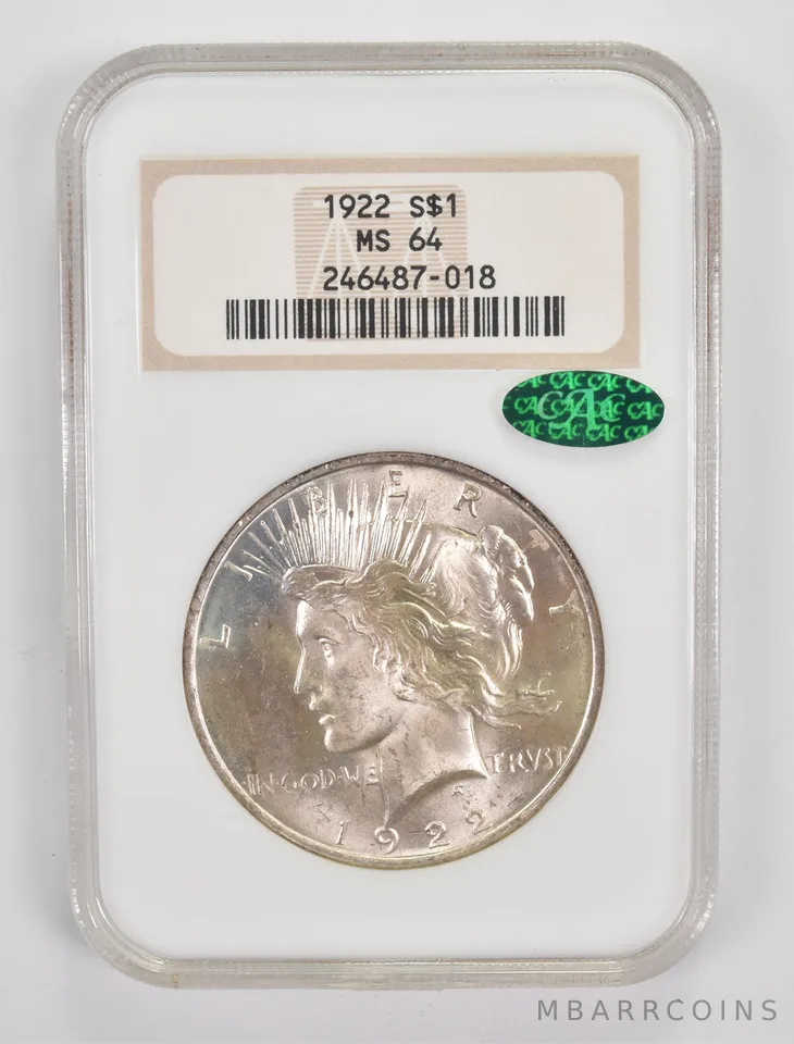 MS64 1922 Peace Silver Dollar CAC NGC a0051