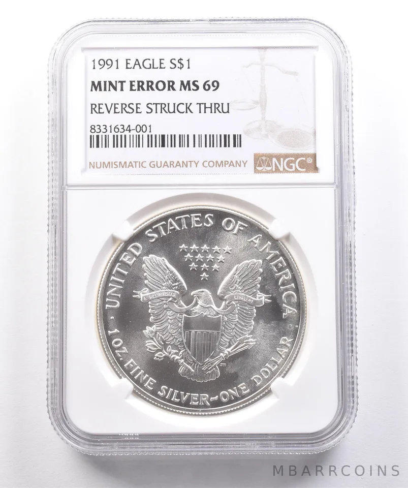 ERROR 1991 American Silver Eagle Reverse Struck Thru MS69 NGC *4817