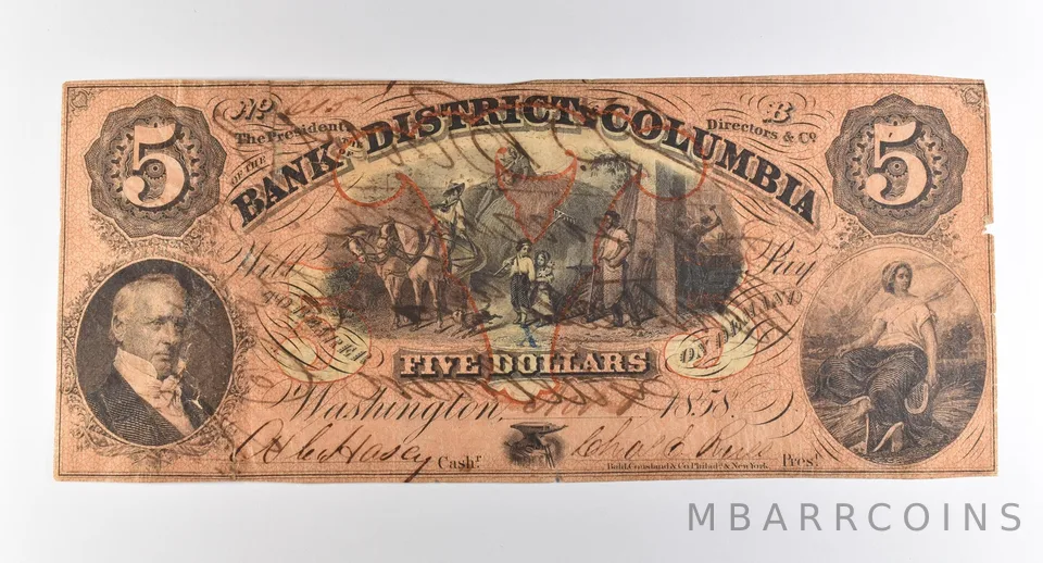 1858 $5 Washington DC Bank Of District Of Columbia Obsolete Note *3803