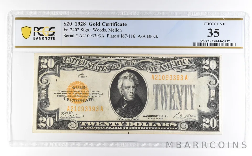 1928 $20 Gold Certificate Fr#2402 Choice VF 35 PCGS *4624