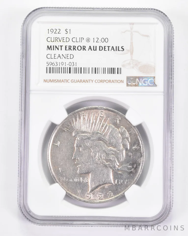 Mint Error AU Details 1922 Peace Silver Dollar - Curved Clip @ 12:00 NGC a8832