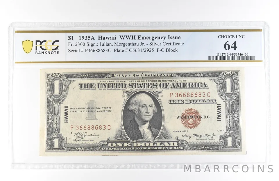 1935 A $1 Silver Certificate Hawaii WWII Emergency Fr#2300 Unc 64 PCGS *5837