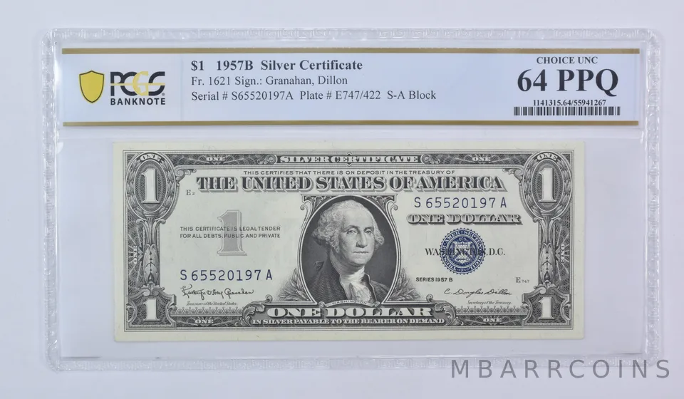 1957 B $1 Silver Certificate Fr#1621 Choice Unc 64 PPQ PCGS
