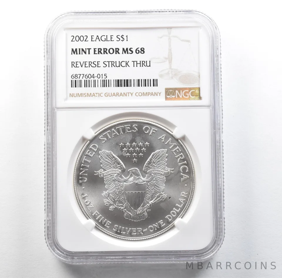 2002 American Silver Eagle Mint Error Reverse Struck Thru MS68 NGC *3152