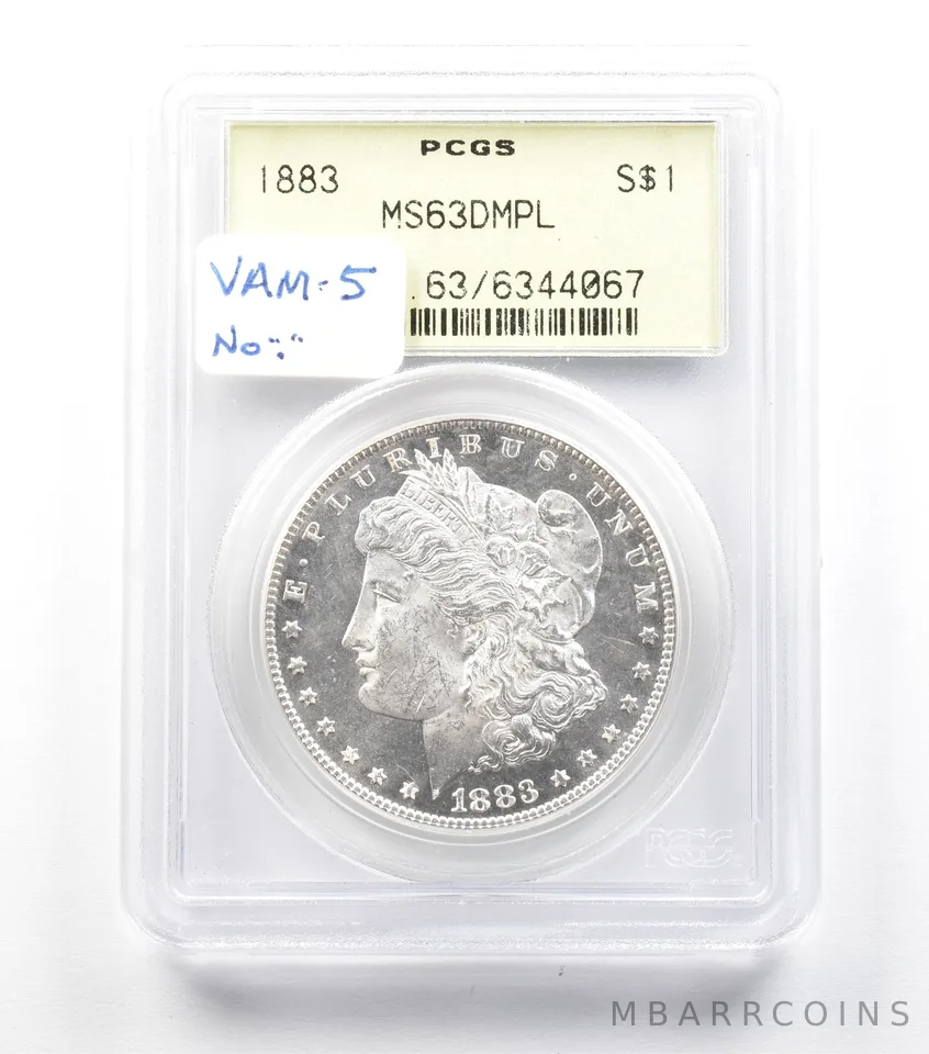 1883 Morgan Silver Dollar MS63 DMPL PCGS OGH VAM-5 No "." a2203
