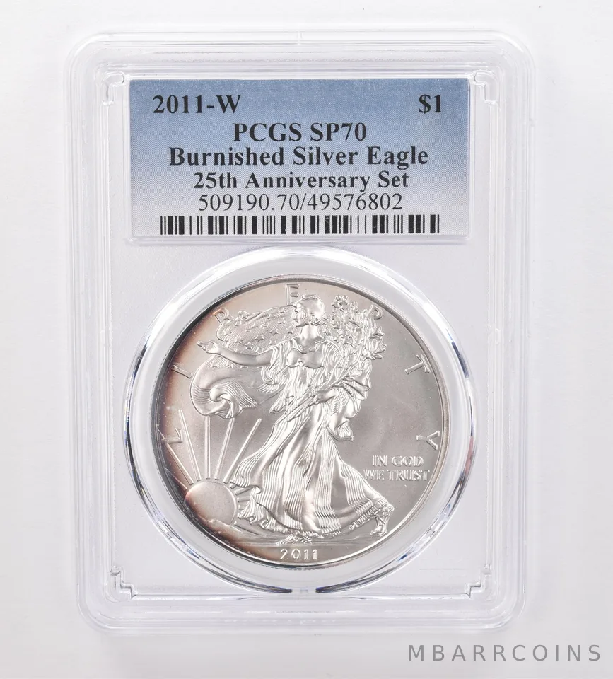 2011-W Burnished Silver Eagle 25th Anniversary SP70 PCGS Peripheral Tone *9988