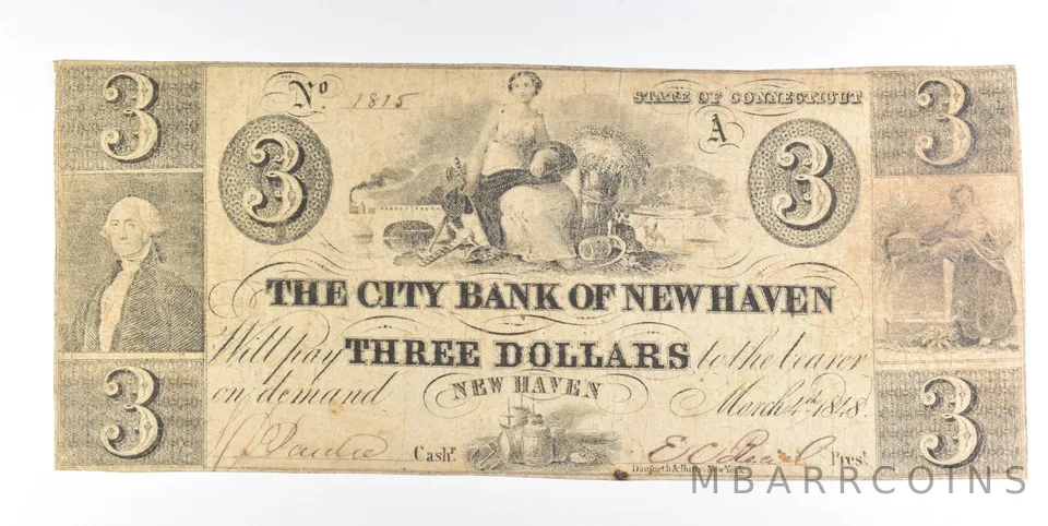 1848 $3 New Haven CT City Bank Obsolete Note *0251