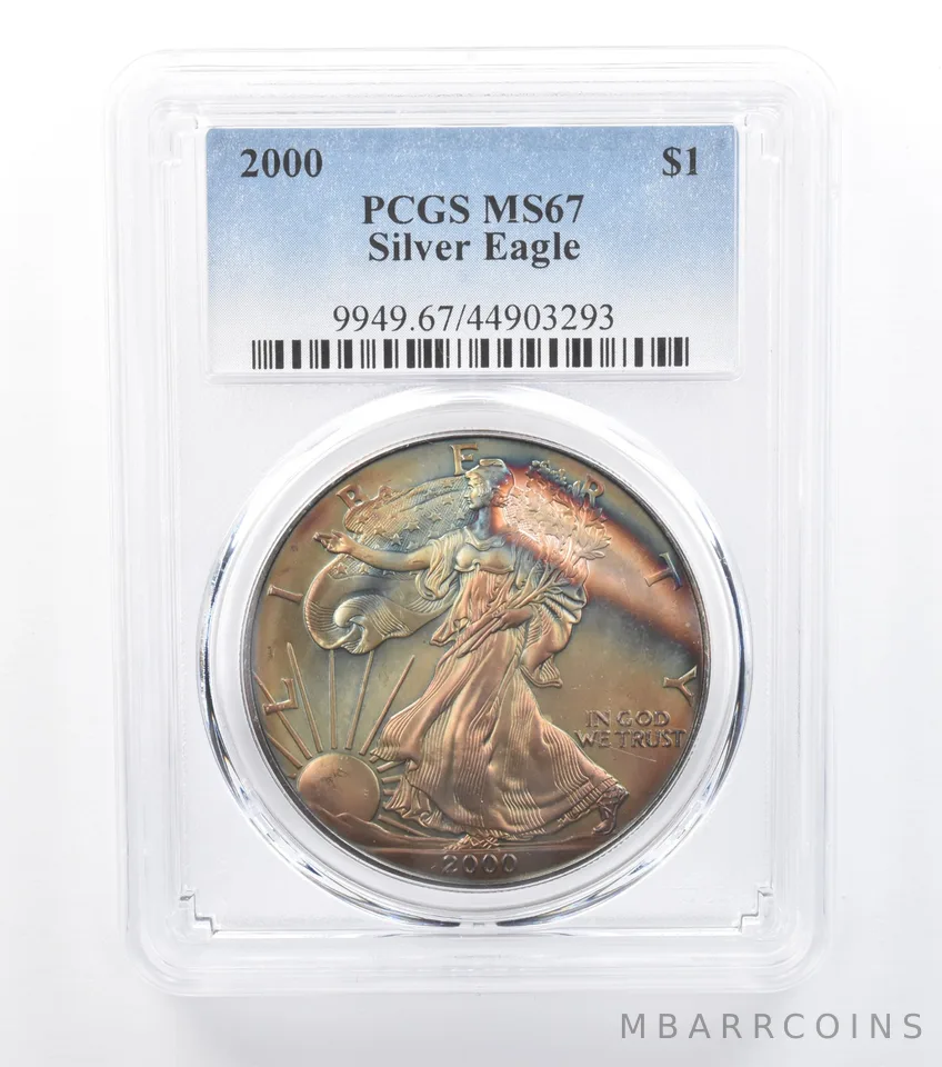 2000 American Silver Eagle MS67 PCGS Rainbow Tone *7721