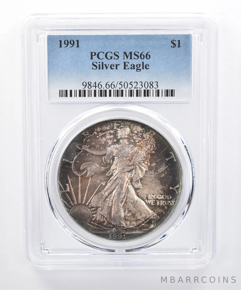 1991 American Silver Eagle MS66 PCGS Dark Green Tone *8505