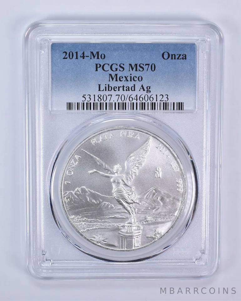 2014 Mo Mexico 1 Onza Silver Libertad MS70 PCGS Blue Label