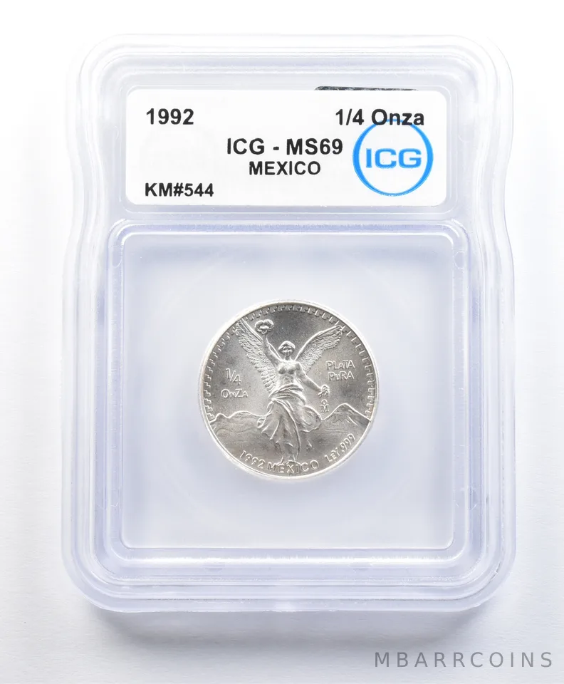 1992 Mo Mexico 1/4 Onza Silver Libertad KM#544 MS69 ICG *0943
