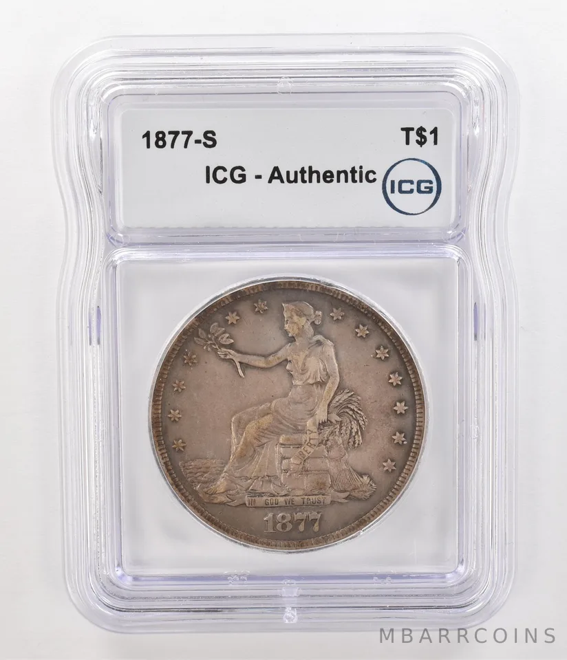 1877-S Seated Liberty Trade Dollar Authentic ICG Beautiful Tone *4761