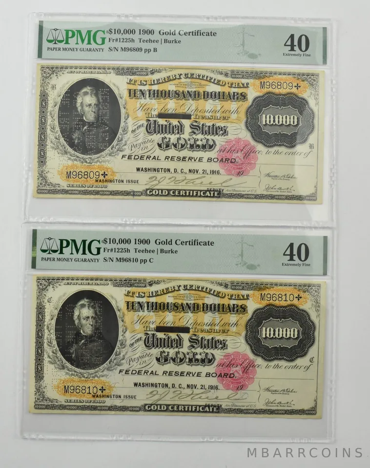 Lot (2) 1900 $10,000 Gold Certificate Fr#1225 H XF 40 PMG Consecutive *9443