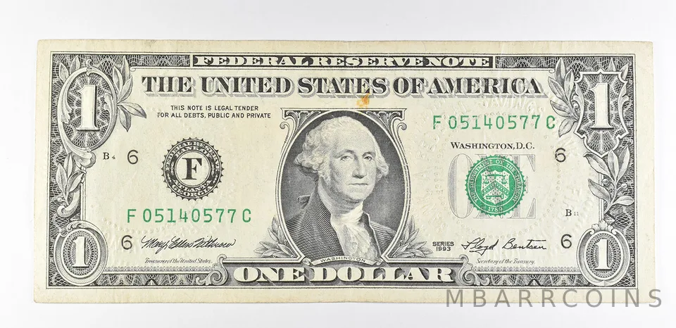 1993 $1 Atlanta GA FRN Green Seal 2 Embossed Bank Seals *9431