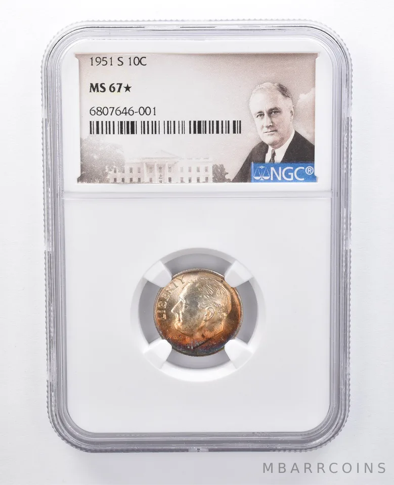 1951-S Roosevelt Dime MS67* STAR NGC Yellow/Purple Tone *7921