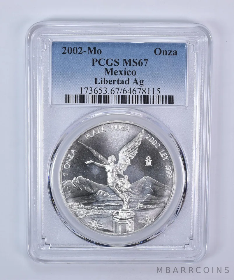 2002 Mo Mexico 1 Onza Silver Libertad MS67 PCGS Blue Label