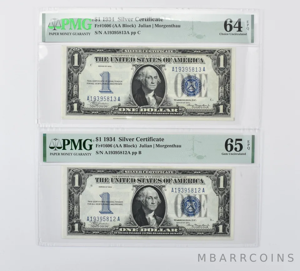 (2) 1934 $1 Silver Certificate Fr#1606 GU 65/CU 64 EPQ PMG Consecutive *7037