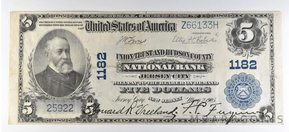 1902 $5 National Currency Note Jersey City NJ Ch#1182 Large Note a5642