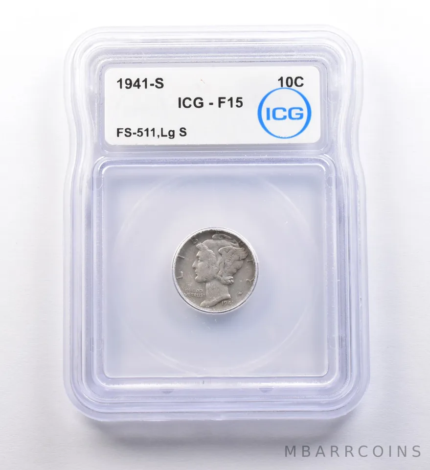 1941-S Mercury Dime FS-511 Large S F15 ICG *9711