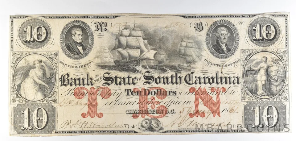 1861 $10 Charleston SC Bank Of The State Obsolete Note *8778
