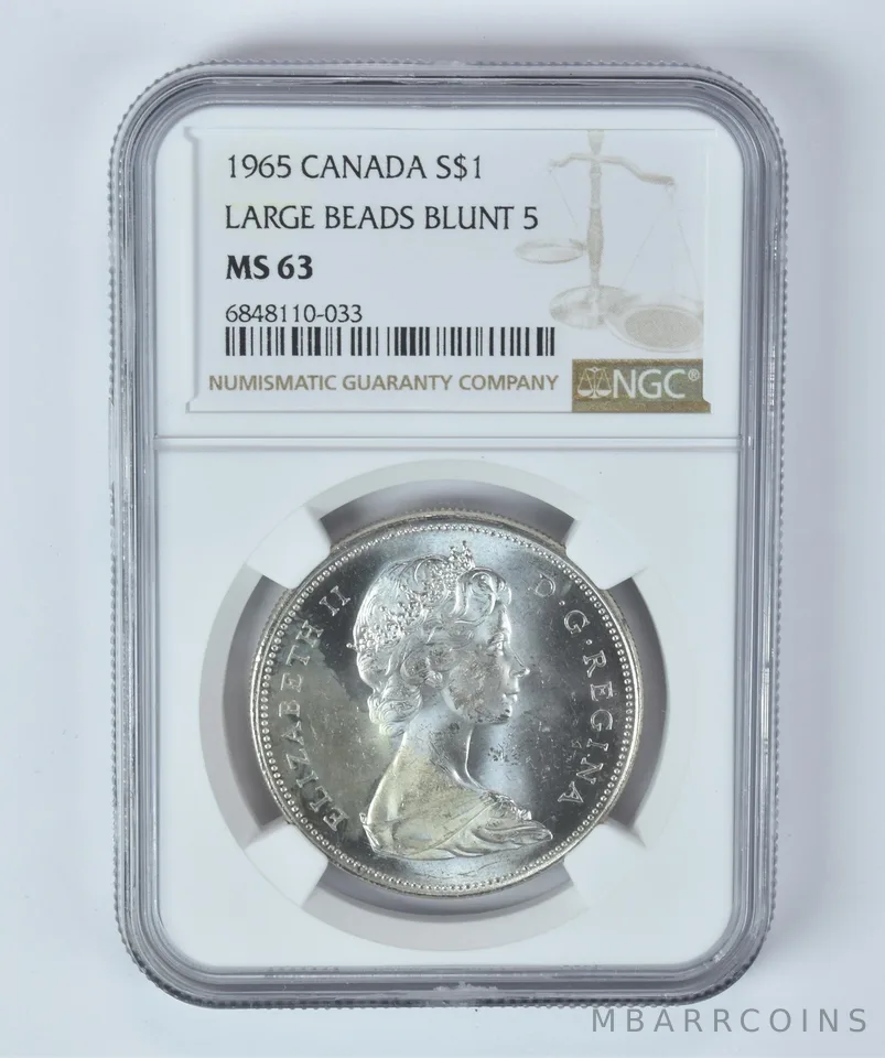 MS63 1965 Canada Silver Dollar Large Beads Blunt 5 NGC Beautifully Toned *5339