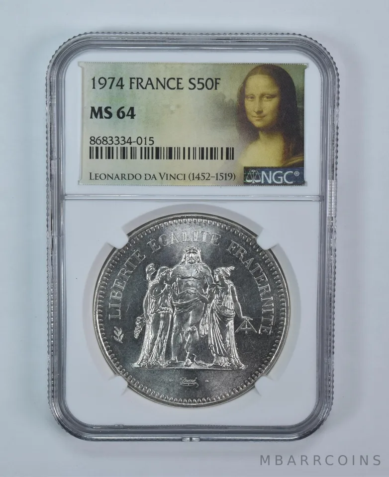 1974 France 50 Francs Silver MS64 NGC Mona Lisa Label