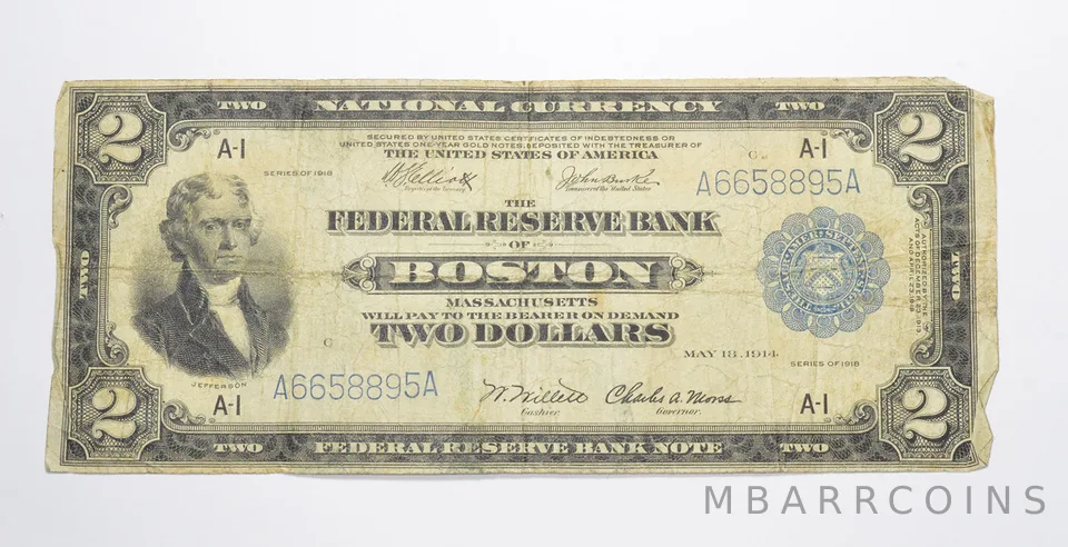 1918 $2 Boston, MA. United States Federal Reserve Large Note *9771